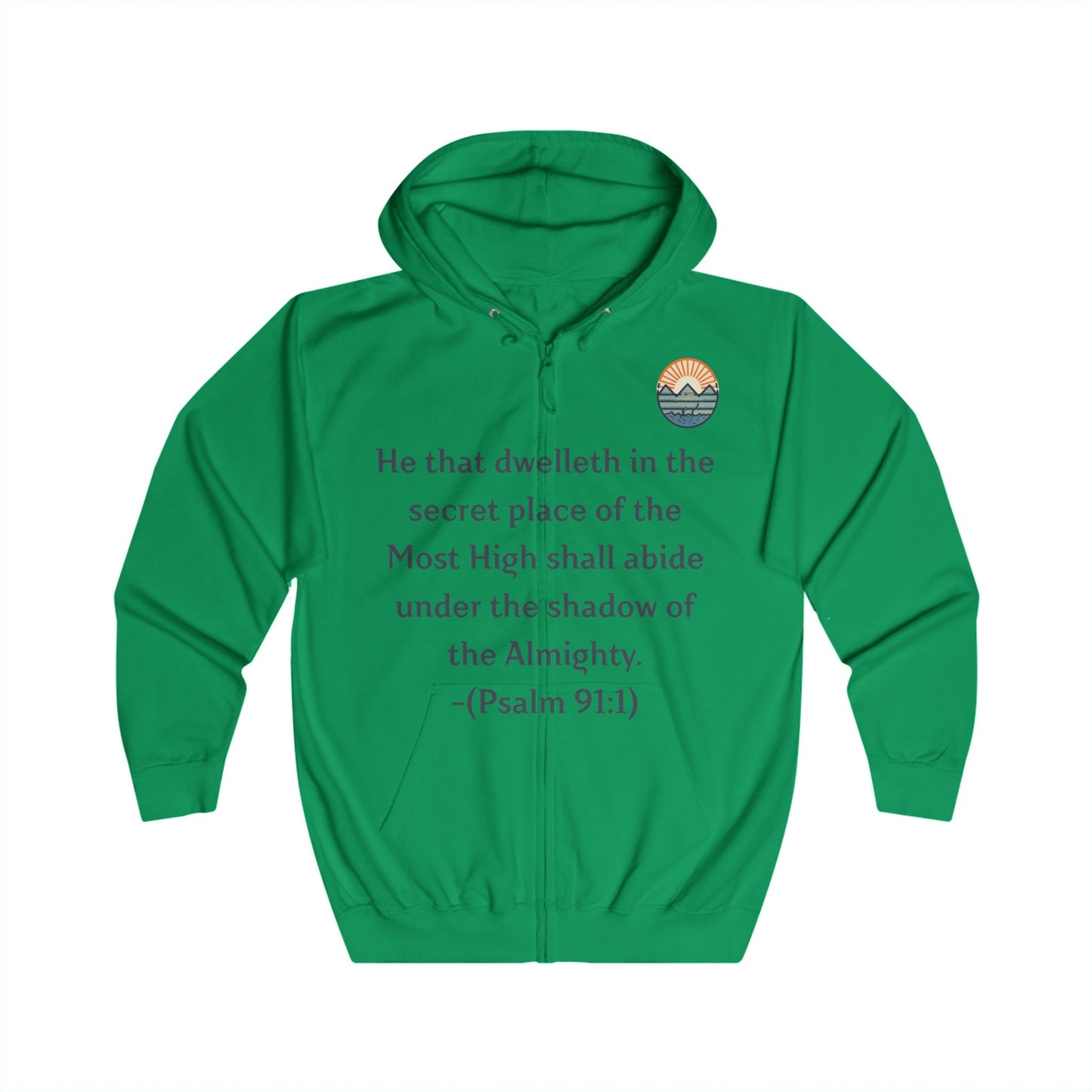 Inspirational Hoodie with Mountain and Psalm 91:1 Design, Cozy Unisex Zip Up Sweater for Nature Lovers, Faith, Gift for Him or Her