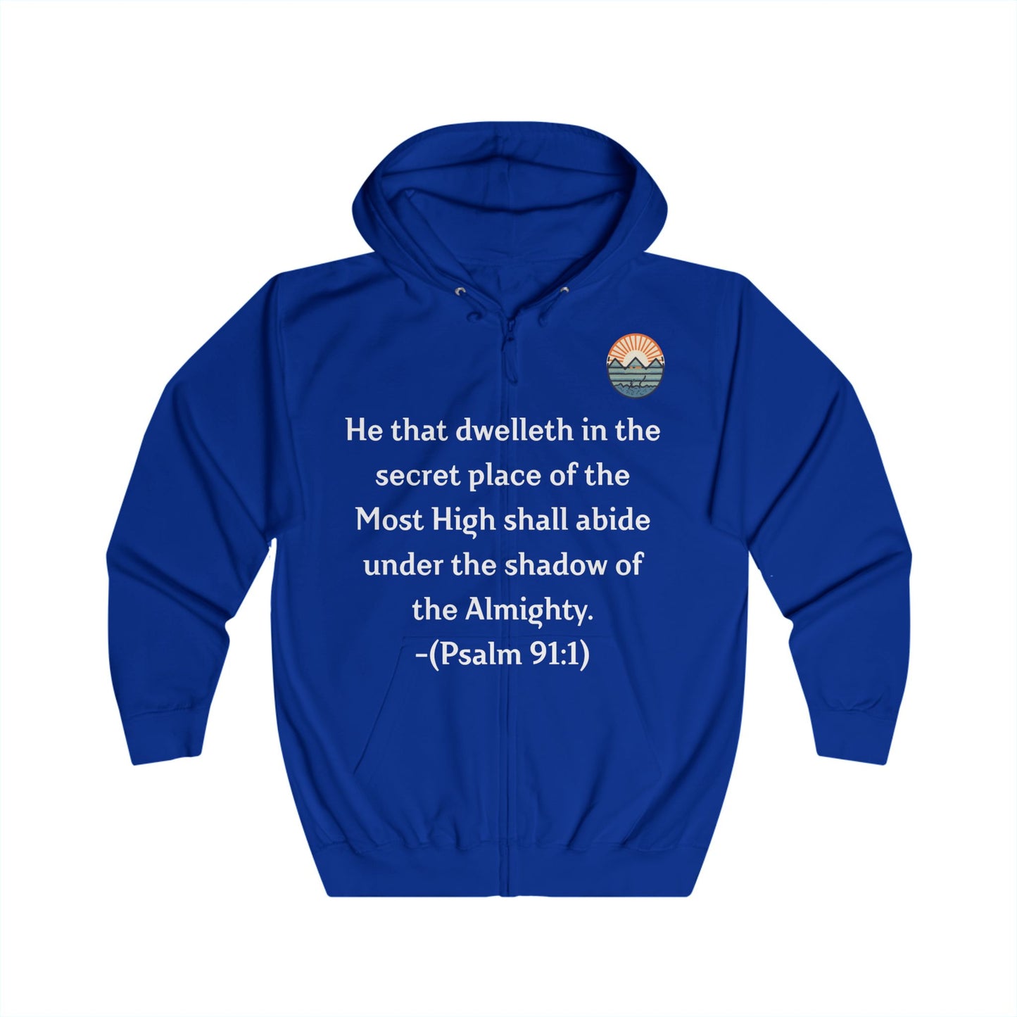 Inspirational Hoodie with Mountain and Psalm 91:1 Design, Cozy Unisex Zip Up Sweater for Nature Lovers, Faith, Gift for Him or Her