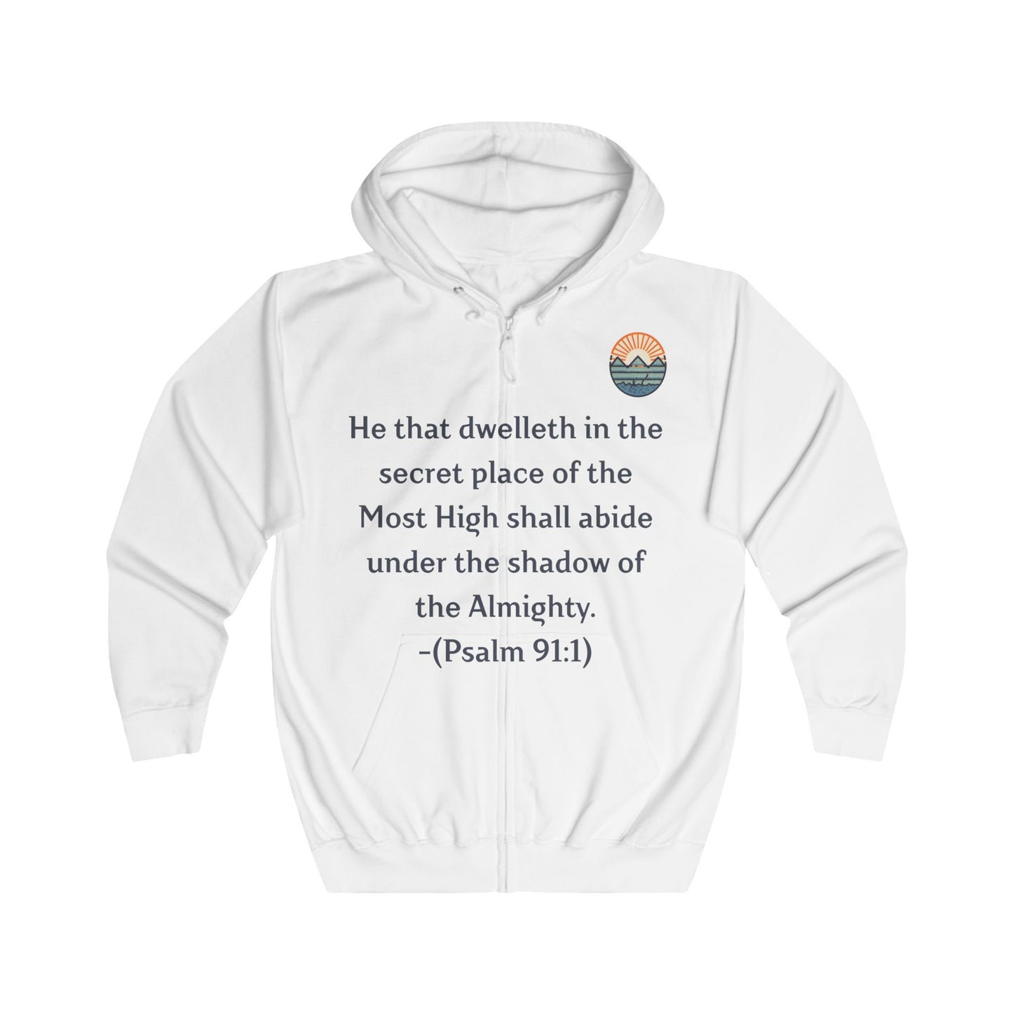 Inspirational Hoodie with Mountain and Psalm 91:1 Design, Cozy Unisex Zip Up Sweater for Nature Lovers, Faith, Gift for Him or Her