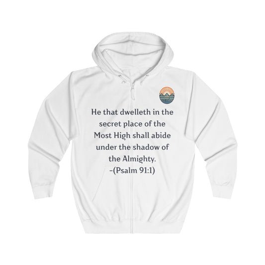 Inspirational Hoodie with Mountain and Psalm 91:1 Design, Cozy Unisex Zip Up Sweater for Nature Lovers, Faith, Gift for Him or Her