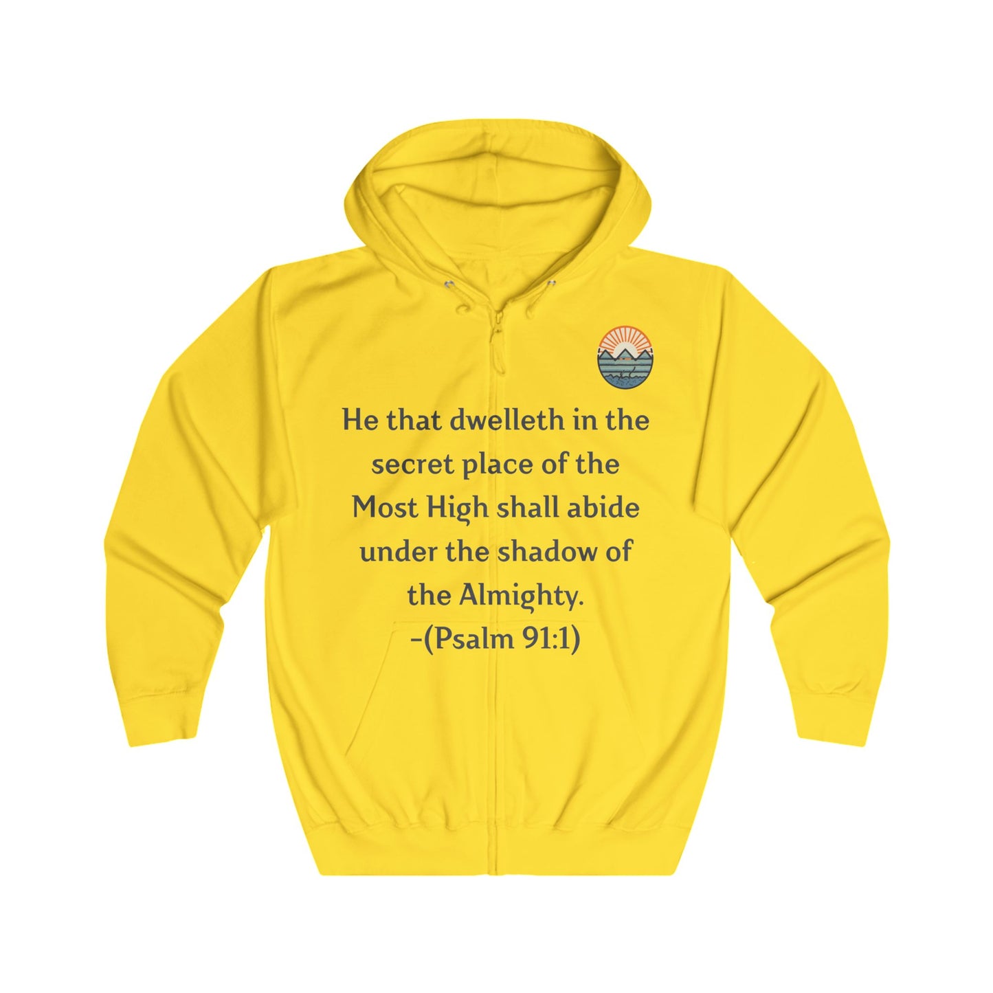 Inspirational Hoodie with Mountain and Psalm 91:1 Design, Cozy Unisex Zip Up Sweater for Nature Lovers, Faith, Gift for Him or Her