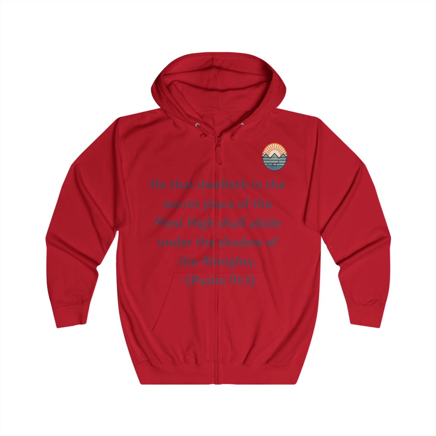Inspirational Hoodie with Mountain and Psalm 91:1 Design, Cozy Unisex Zip Up Sweater for Nature Lovers, Faith, Gift for Him or Her