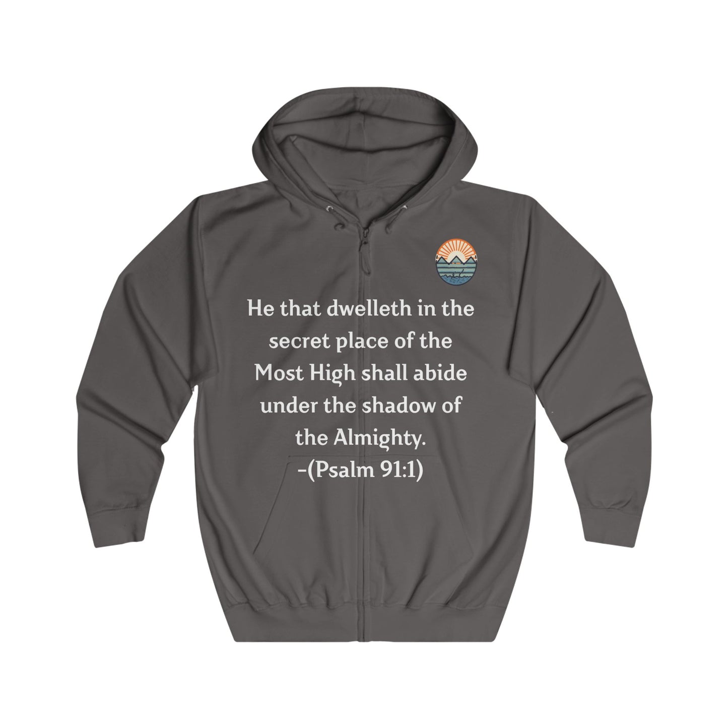Inspirational Hoodie with Mountain and Psalm 91:1 Design, Cozy Unisex Zip Up Sweater for Nature Lovers, Faith, Gift for Him or Her